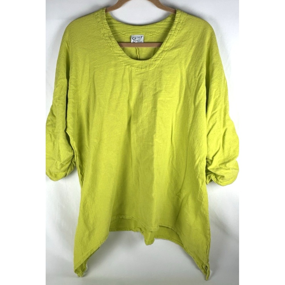 Oh My Gauze Lime Green Half Sleeve V Neck Top Womens Sz 3 XXL Artsy Lagenlook